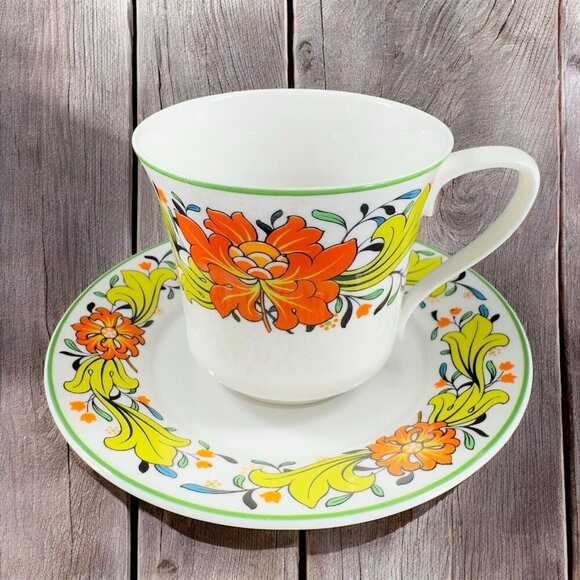 Spode Caribbean Bone China Porcelain Teacup And Saucer Set Made In England VTG - Picture 1 of 15